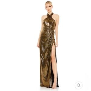 Mac Duggal leena Metallic Gold Criss Cross Halter Neck Gown- NWT 6